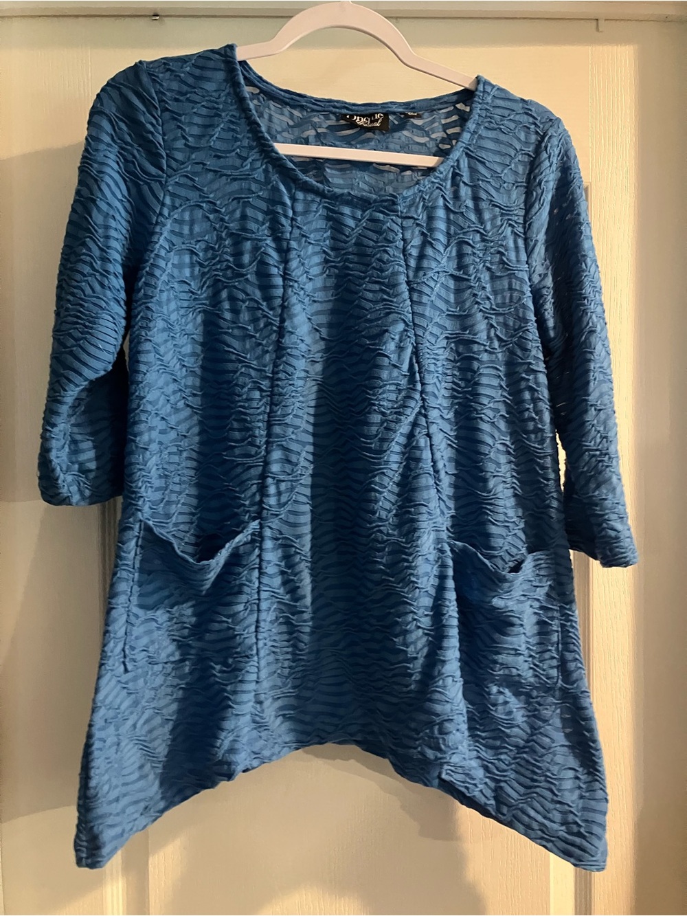 Petite Medium Blue Textured Tunic Top with Pockets